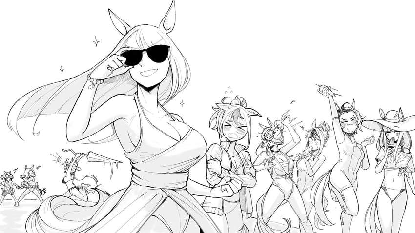 jovial merryment, cyan, superstitional realism, lightning strikes thrice, comely material morning, and 4 more (horse race tests) drawn by mir_(miryumiya)