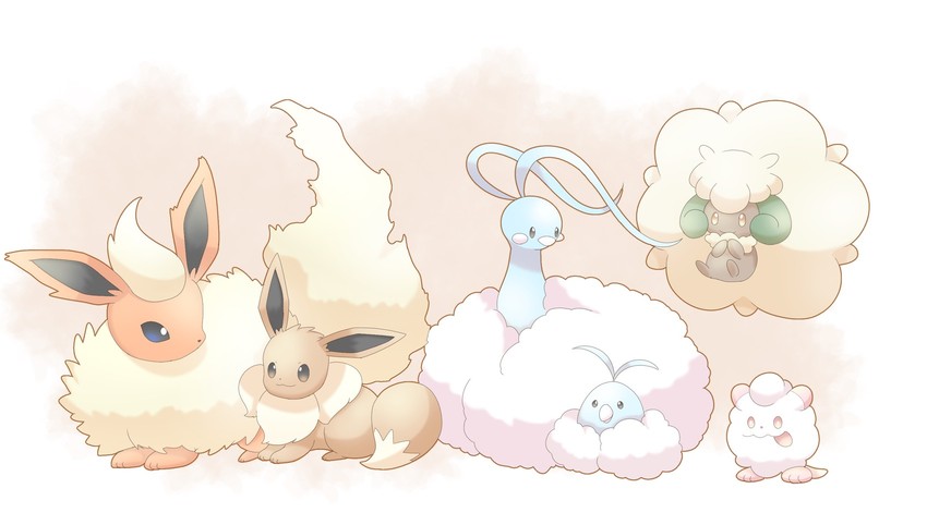 eevee, flareon, altaria, swablu, whimsicott, and 1 more (pokemon) drawn by h_k225