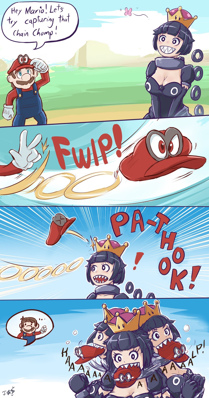 mario, princess chain chomp, and cappy (mario and 1 more) drawn by jiisuri_chan