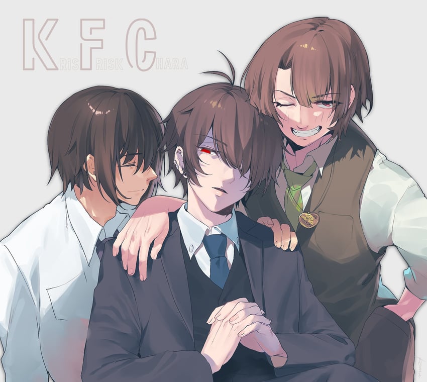 frisk, chara, and kris (undertale and 1 more) drawn by komugiko_(bitte_komu)
