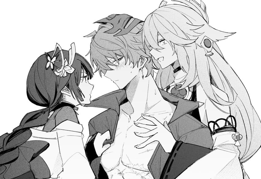 raiden shogun, yae miko, and tartaglia (genshin impact) drawn by stack_b1