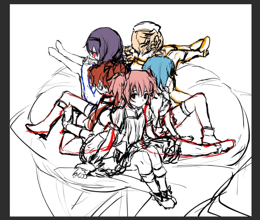 akemi homura, kaname madoka, miki sayaka, sakura kyoko, and tomoe mami (mahou shoujo madoka magica) drawn by llbzqsj