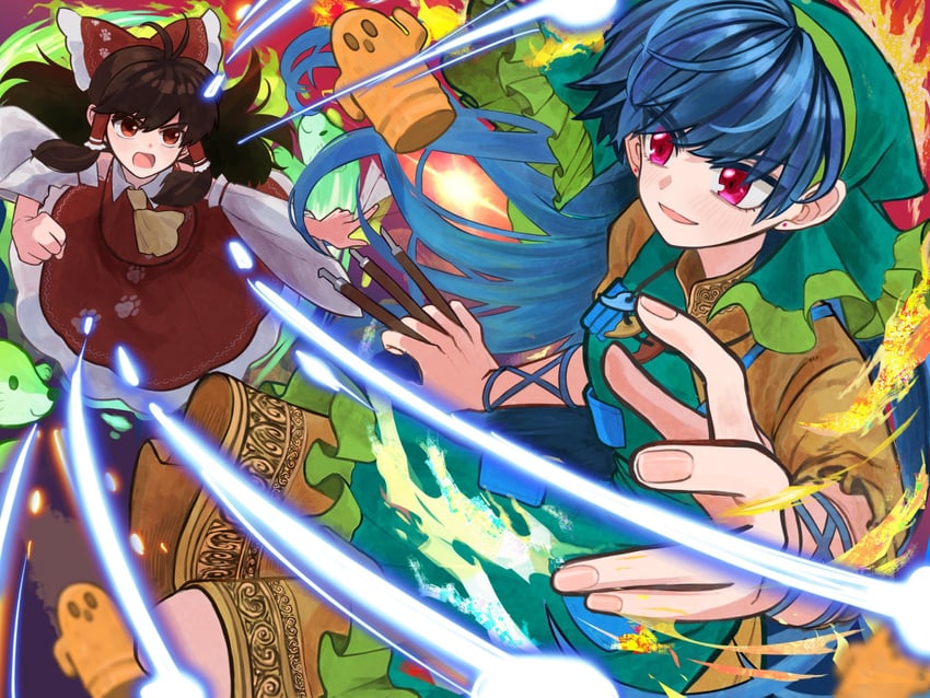 hakurei reimu, haniyasushin keiki, and otter spirit (touhou and 1 more) drawn by staygold