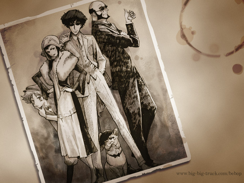 faye valentine, spike spiegel, edward wong hau pepelu tivrusky iv, ein, and jet black (cowboy bebop) drawn by kawamoto_toshihiro