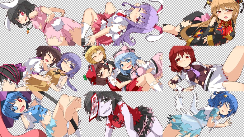reisen udongein inaba, tatara kogasa, inaba tewi, kaku seiga, miyako yoshika, and 7 more (touhou) drawn by hemogurobin_a1c