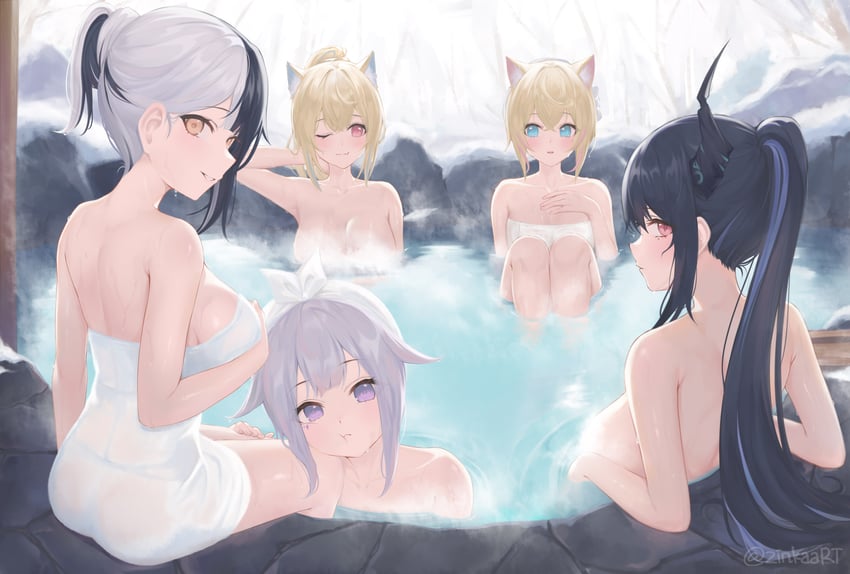 shiori novella, nerissa ravencroft, fuwawa abyssgard, mococo abyssgard, and koseki bijou (hololive and 1 more) drawn by zinkaa