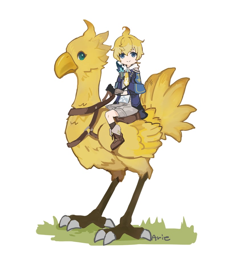 chocobo and mika (genshin impact and 1 more) drawn by arie_game