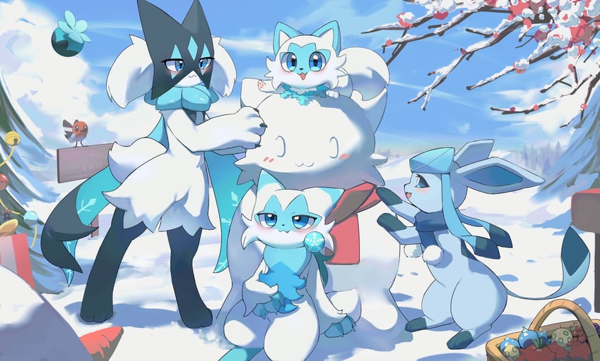 glaceon, sprigatito, meowscarada, floragato, fletchling, and 1 more (pokemon) drawn by flong