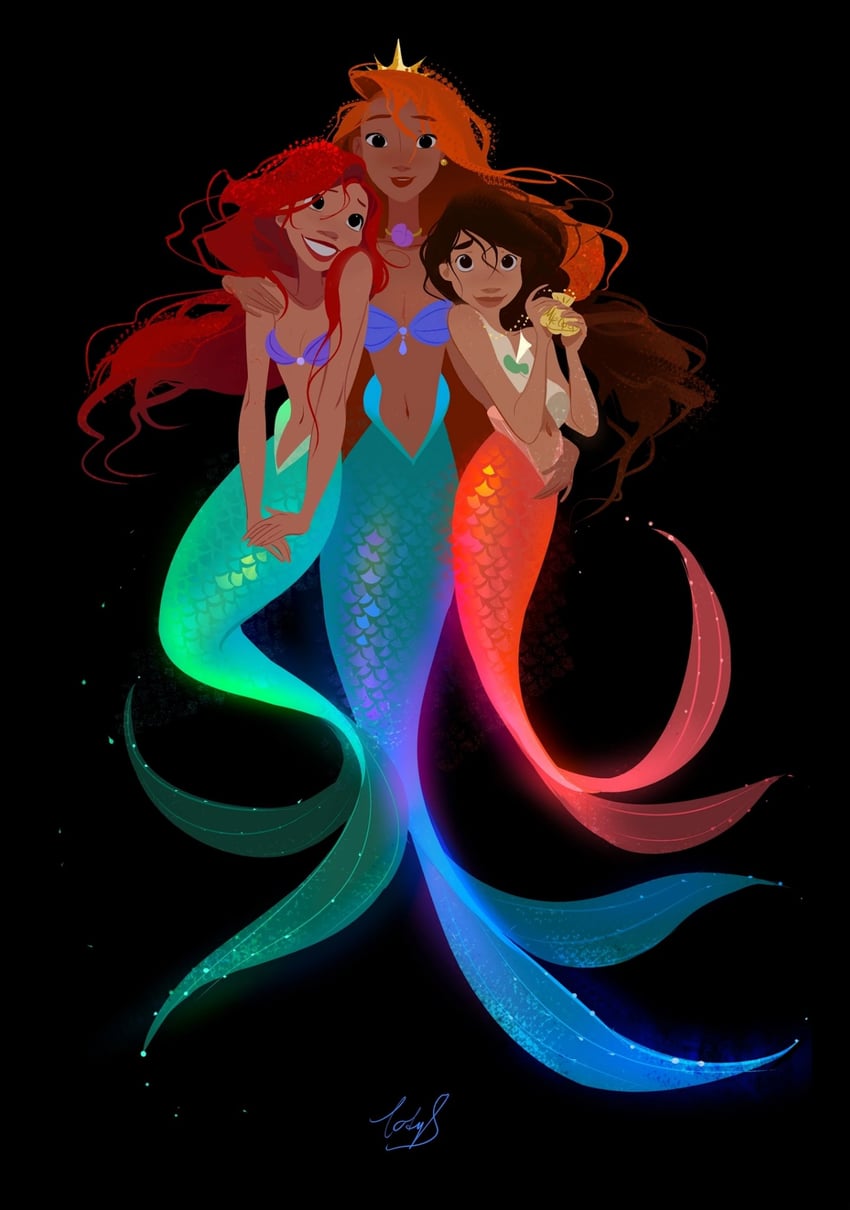 ariel, melody, and queen athena (the little mermaid and 2 more) drawn by ladyshalirin