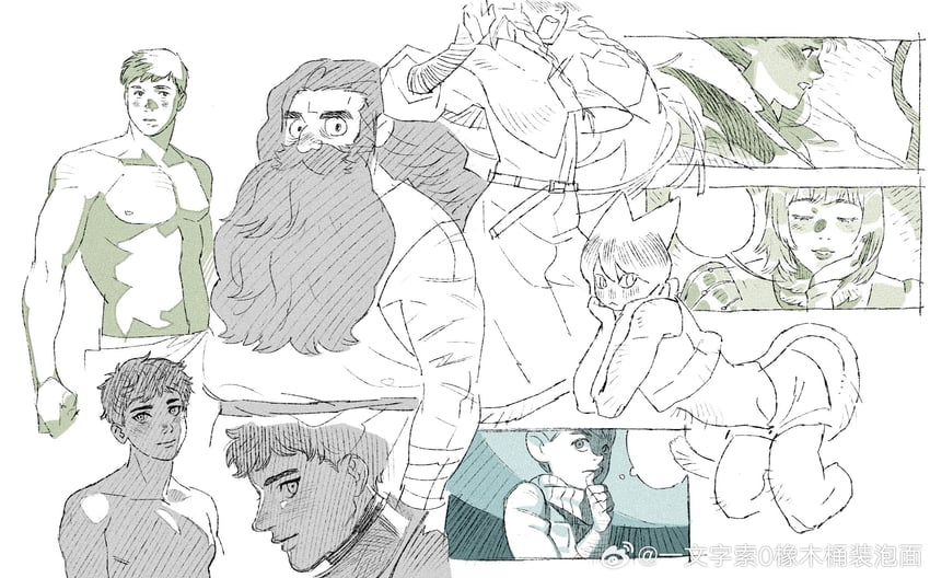 marcille donato, falin touden, laios touden, senshi, kabru, and 2 more (dungeon meshi) drawn by mingdamitang