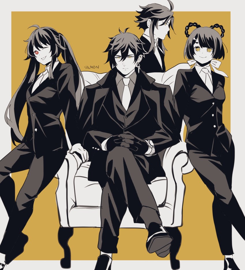 hu tao, zhongli, xiao, and xiangling (genshin impact) drawn by sushisalmon95