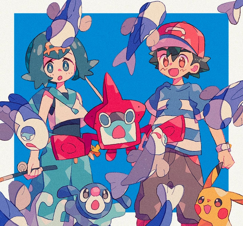 pikachu, ash ketchum, rotom, lana, popplio, and 2 more (pokemon and 1 more) drawn by mgomurainu