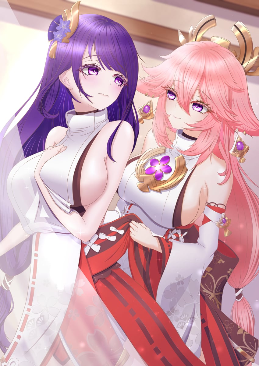 raiden shogun and yae miko (genshin impact) drawn by gnoet