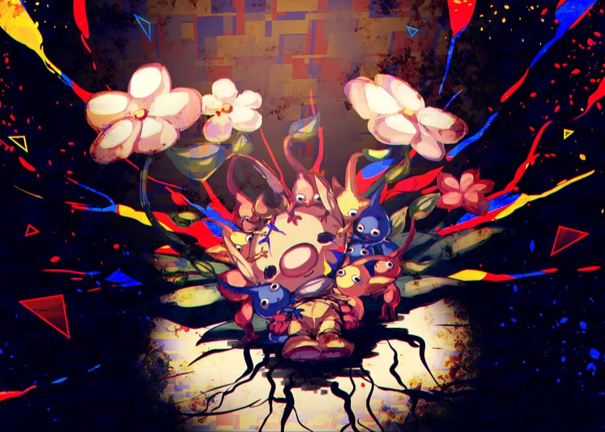 red pikmin, olimar, yellow pikmin, blue pikmin, and olimin (pikmin and 1 more) drawn by shirushiki