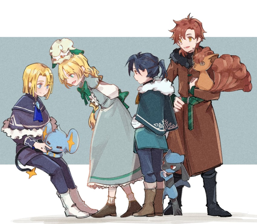 dimitri alexandre blaiddyd, ingrid brandl galatea, sylvain jose gautier, felix hugo fraldarius, vulpix, and 3 more (pokemon and 2 more) drawn by queqiansuzume