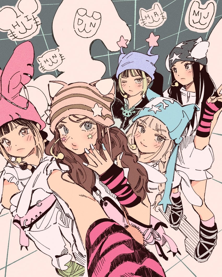 haerin, hanni, minji, hyein, and danielle (real life and 1 more) drawn by polo_tokki