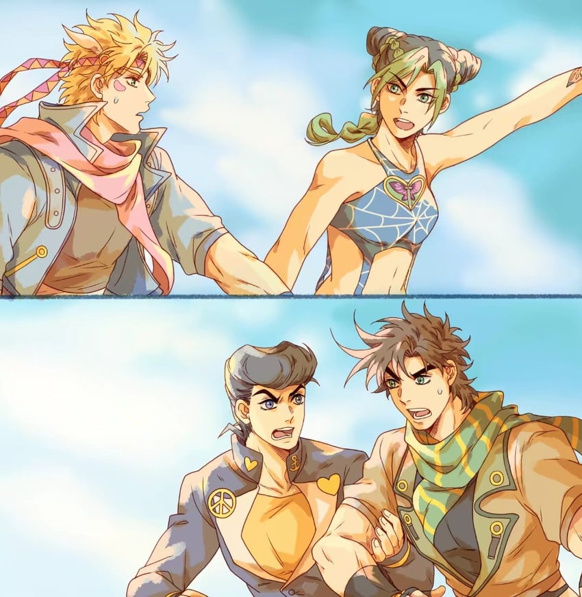 joseph joestar, caesar anthonio zeppeli, and kujo jolyne (jojo no kimyou na bouken and 3 more) drawn by jo_jun