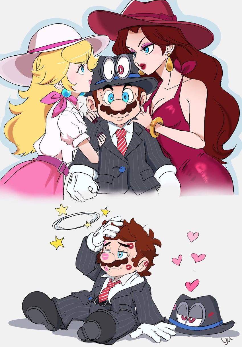 princess peach, mario, pauline, and cappy (mario and 1 more) drawn by agua_mp