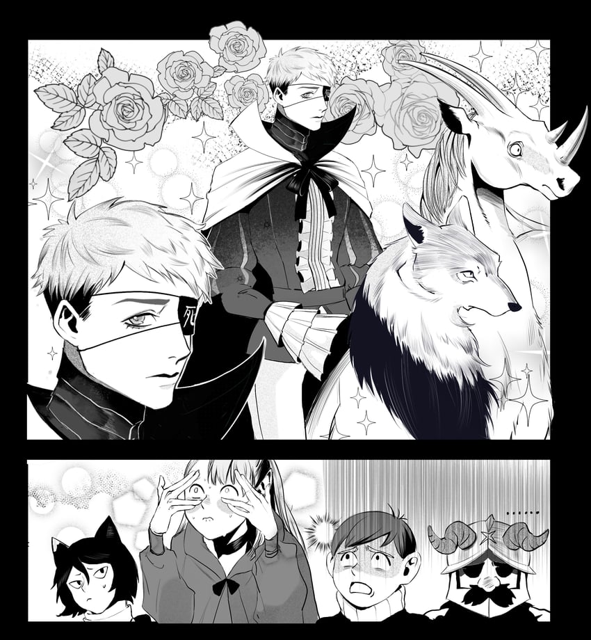 marcille donato, laios touden, senshi, chilchuck tims, izutsumi, and 1 more (dungeon meshi) drawn by sixtree