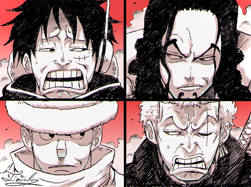 monkey d. luffy, roronoa zoro, rob lucci, and kaku (one piece) drawn by tacchan56110