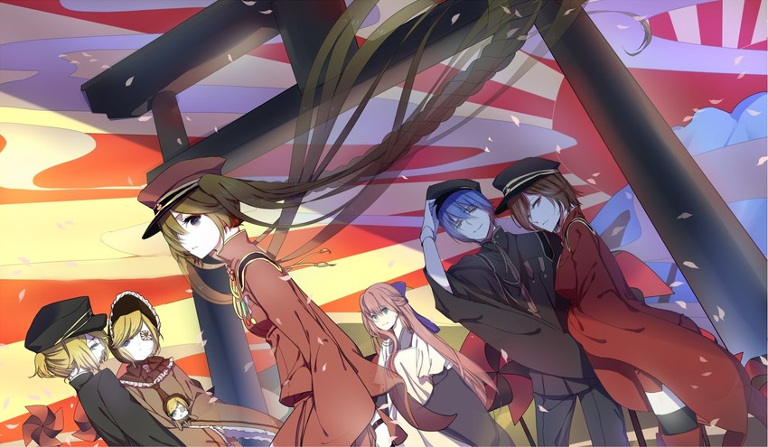hatsune miku, kagamine rin, kagamine len, megurine luka, meiko, and 1 more (vocaloid and 1 more) drawn by nicohi