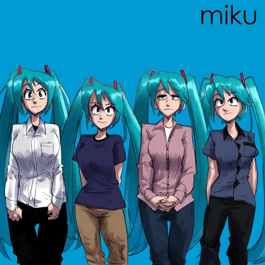 hatsune miku, rivers cuomo, patrick wilson, matt sharp, and brian bell (vocaloid and 1 more) drawn by gingrjoke