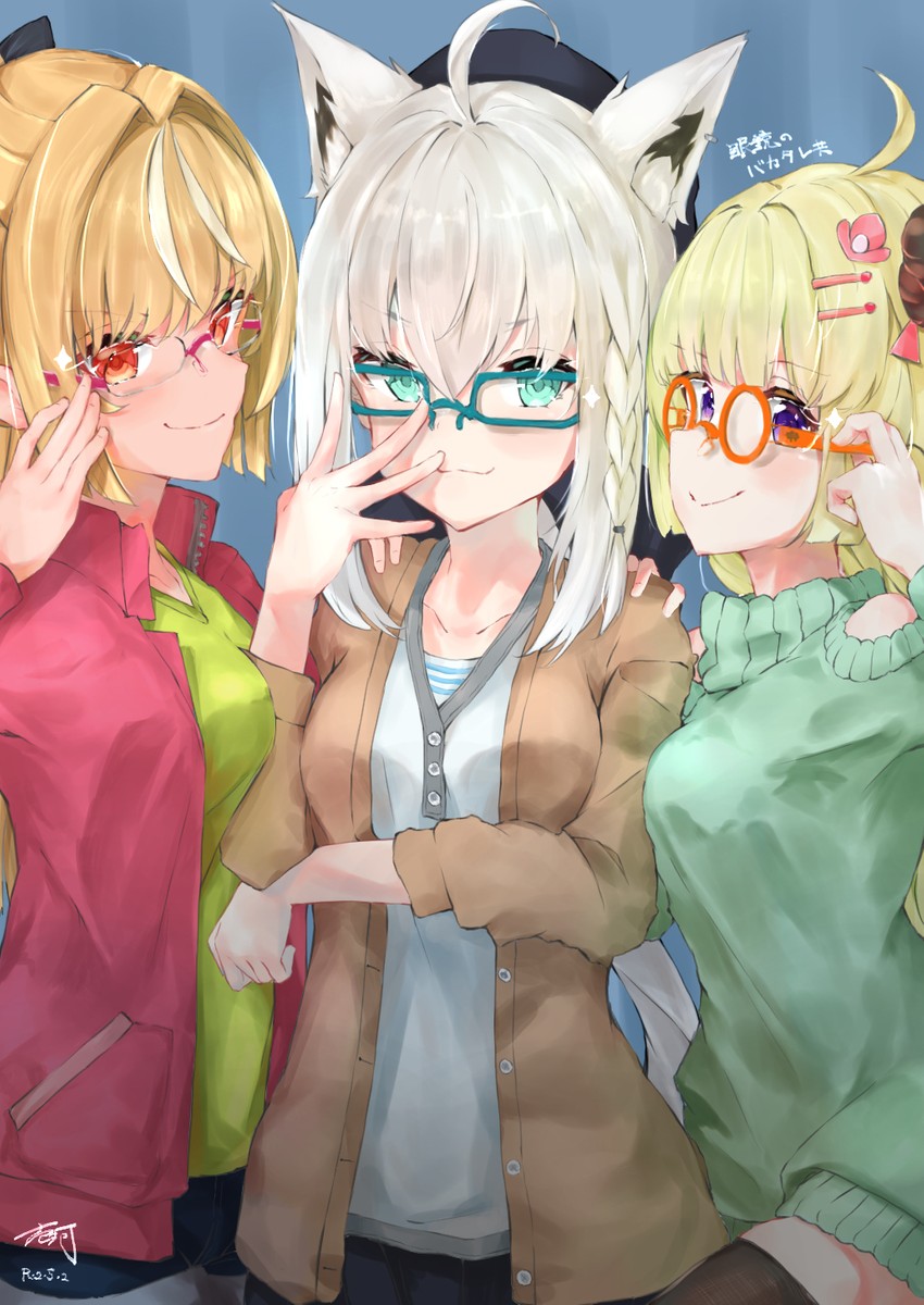 shirakami fubuki, shiranui flare, and tsunomaki watame (hololive) drawn by ichika_(ichika87)