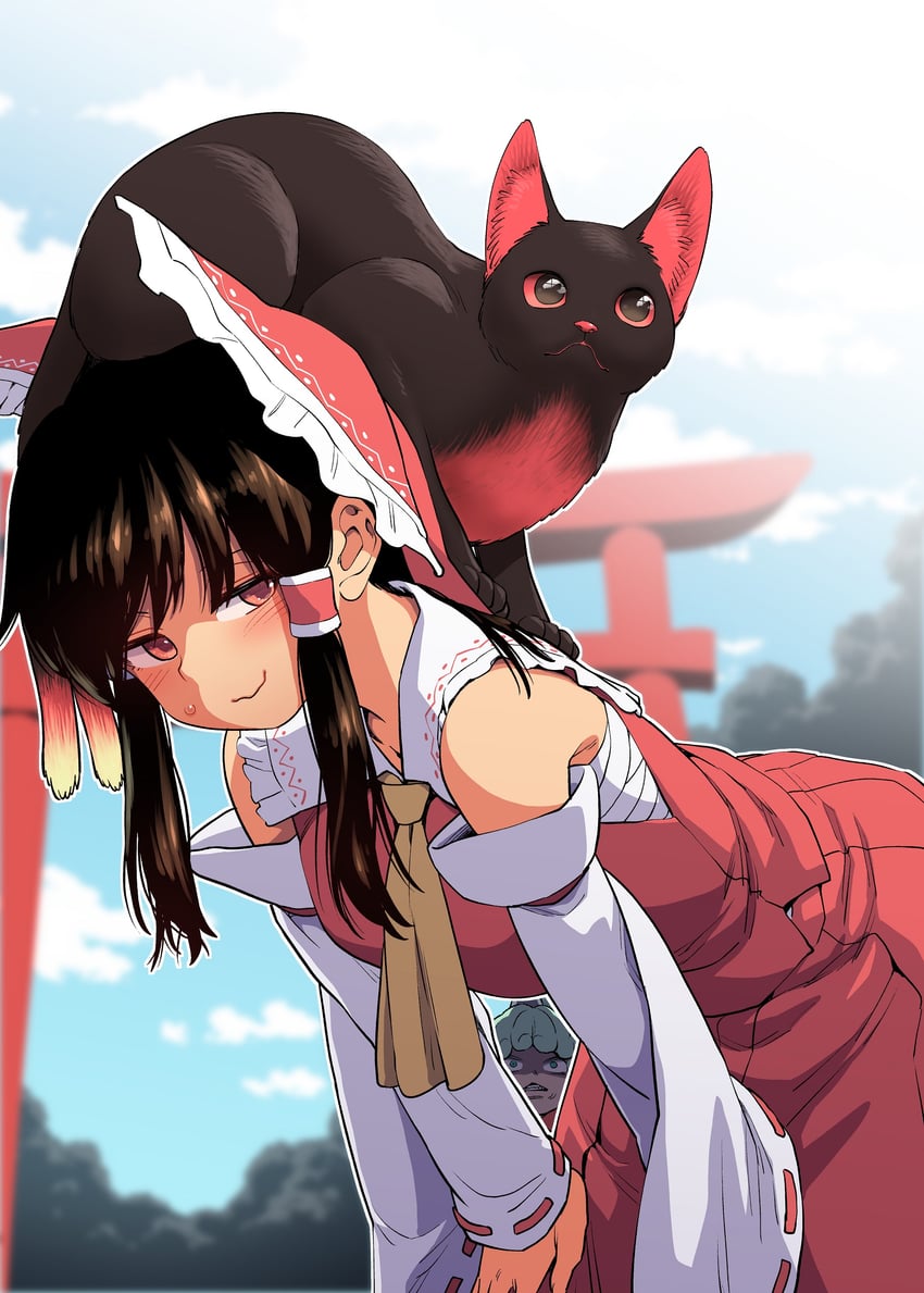 hakurei reimu, kaenbyou rin, and komano aunn (touhou) drawn by fuuzasa