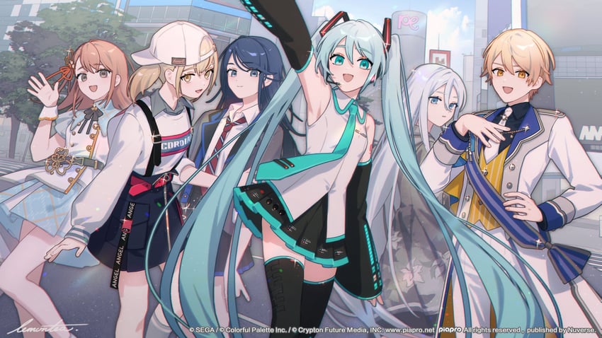 hatsune miku, yoisaki kanade, tenma tsukasa, azusawa kohane, hanasato minori, and 1 more (vocaloid and 1 more) drawn by lemontea