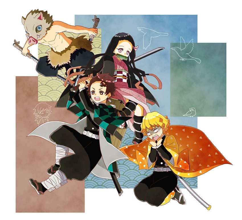kamado nezuko, kamado tanjirou, tomioka giyuu, agatsuma zenitsu, hashibira inosuke, and 3 more (kimetsu no yaiba) drawn by yuzuponzu