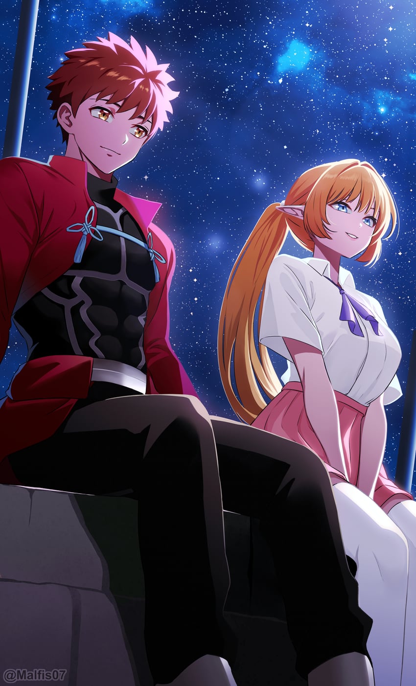 emiya shirou, archer, and lefiya viridis (fate and 3 more) drawn by rayish
