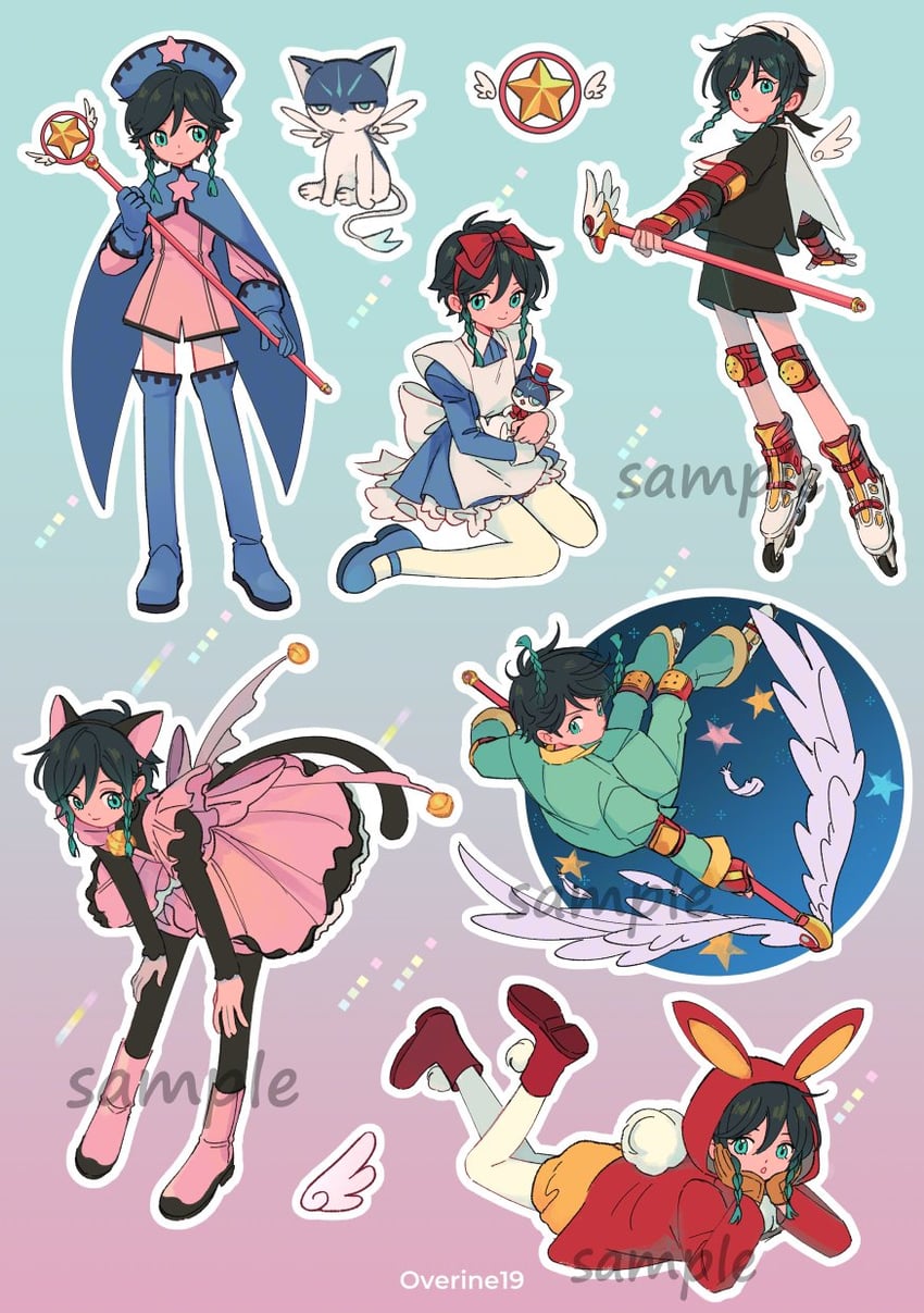 kinomoto sakura, venti, xiao, alice, li syaoran, and 1 more (genshin impact and 1 more) drawn by overine19