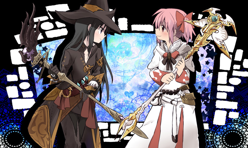 akemi homura, kaname madoka, warrior of light, kyubey, white mage, and 1 more (final fantasy and 2 more) drawn by amaiwashi