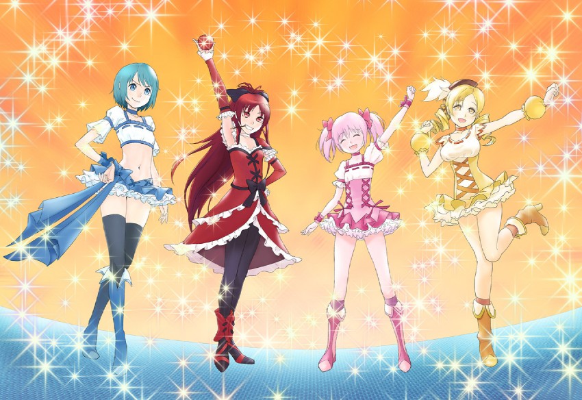 kaname madoka, miki sayaka, sakura kyoko, tomoe mami, cure peach, and 4 more (mahou shoujo madoka magica and 2 more) drawn by yuuma_(yuusaikaden)