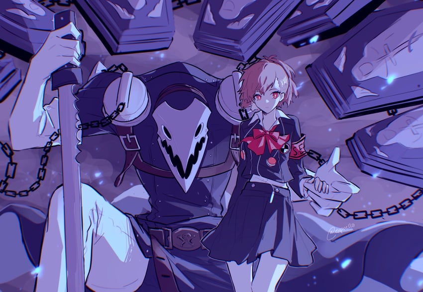 shiomi kotone and thanatos (persona and 2 more) drawn by mao_(expuella)