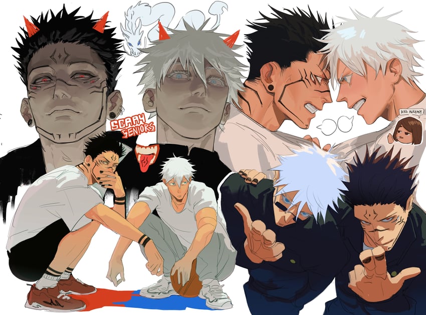 gojou satoru, ryoumen sukuna, and ieiri shoko (jujutsu kaisen) drawn by iba_(kcokaine)