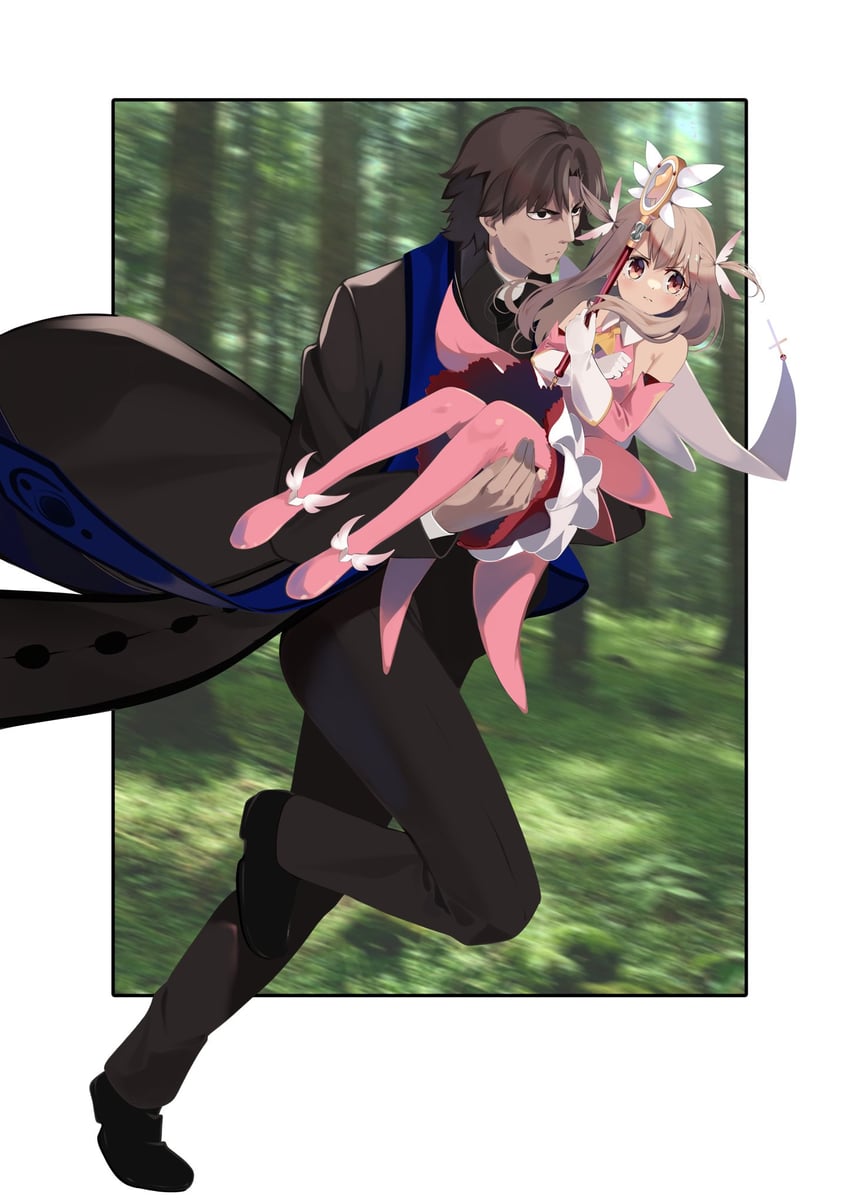 illyasviel von einzbern, kotomine kirei, prisma illya, magical ruby, and grigori rasputin (fate and 4 more) drawn by pei_iriya