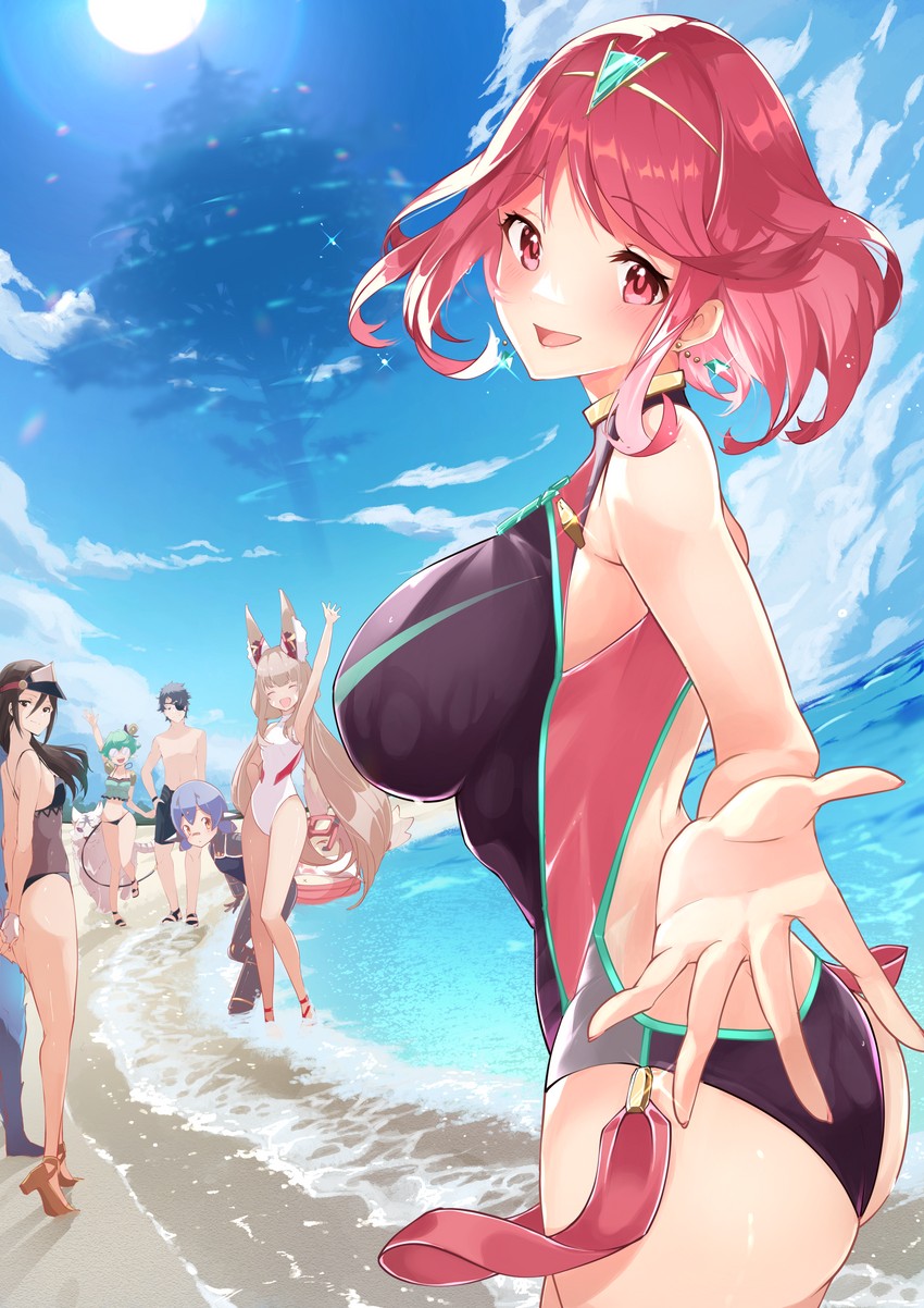 nia, pyra, poppi, zeke von genbu, morag ladair, and 3 more (xenoblade chronicles and 1 more) drawn by risumi_(taka-fallcherryblossom)