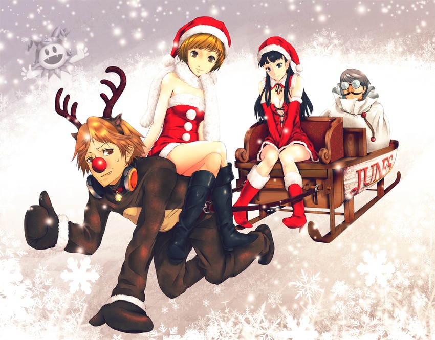 narukami yu, satonaka chie, amagi yukiko, hanamura yousuke, and jack frost (persona and 1 more) drawn by infinote