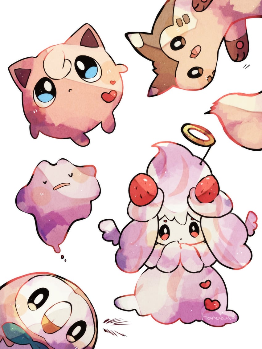 rowlet, jigglypuff, ditto, alcremie, and furret (pokemon) drawn by hanabusaoekaki
