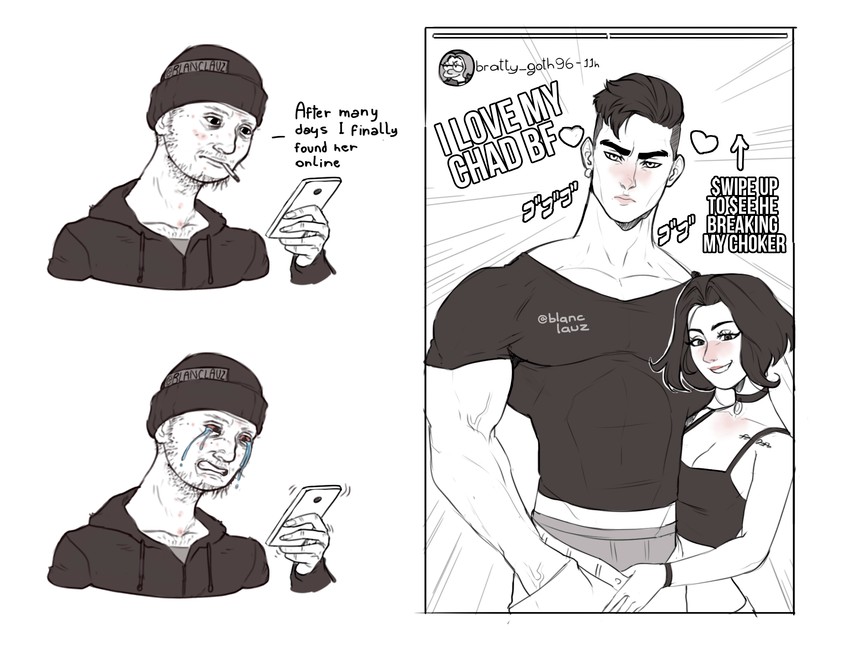 wojak, doomer girl, and doomer (original) drawn by blanclauz