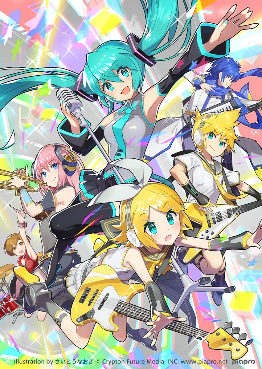 hatsune miku, kagamine rin, kagamine len, megurine luka, kaito, and 1 more (vocaloid and 1 more) drawn by saitou_naoki