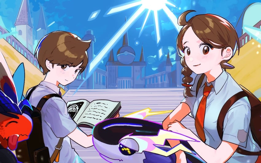 juliana, florian, koraidon, and miraidon (pokemon and 1 more) drawn by majyo_(witch_poke)