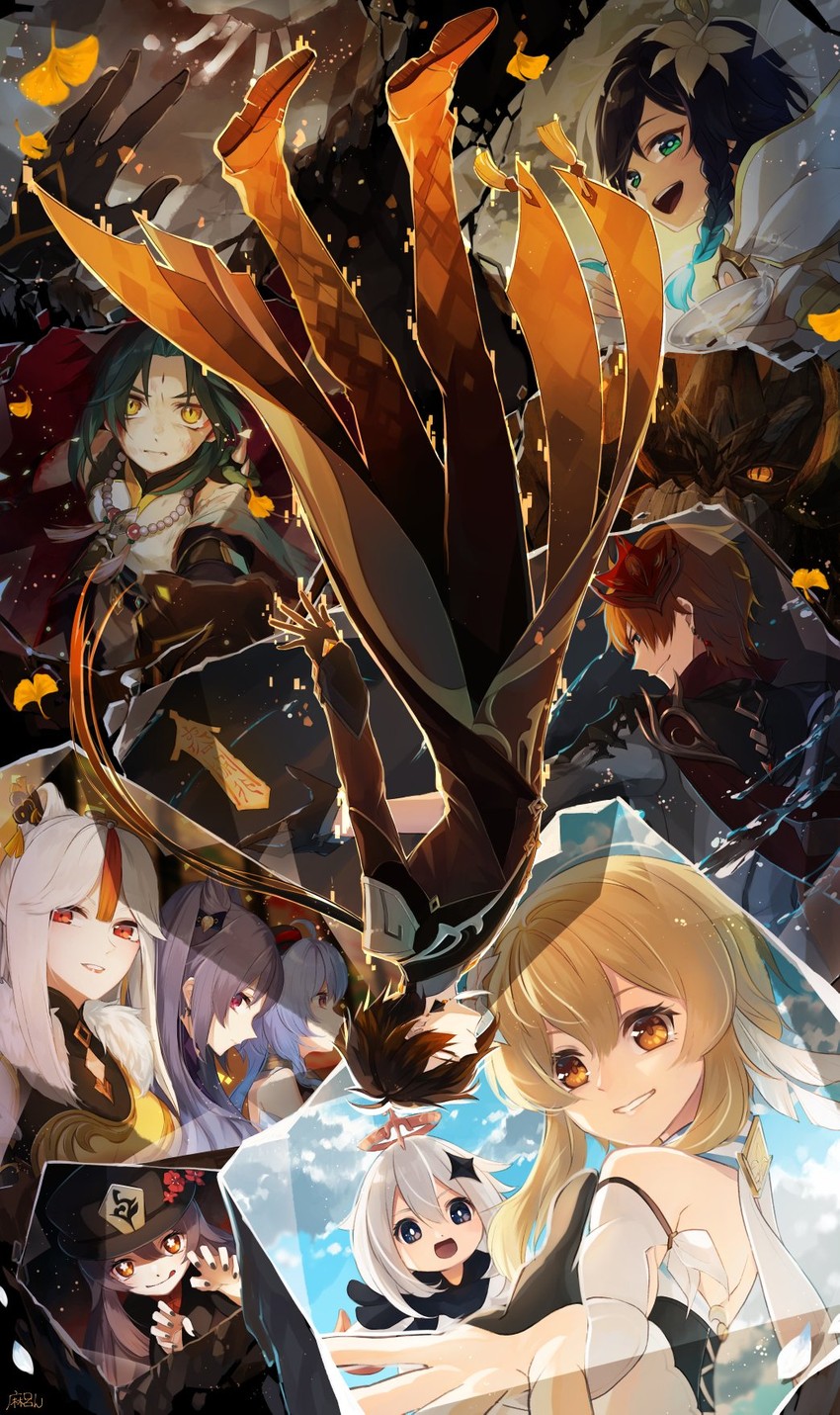 ganyu, lumine, hu tao, zhongli, keqing, and 7 more (genshin impact) drawn by malmaron