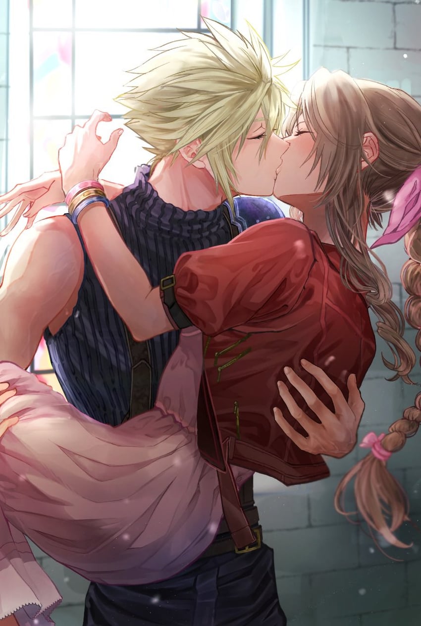 cloud strife and aerith gainsborough (final fantasy and 3 more) drawn by 26caaan