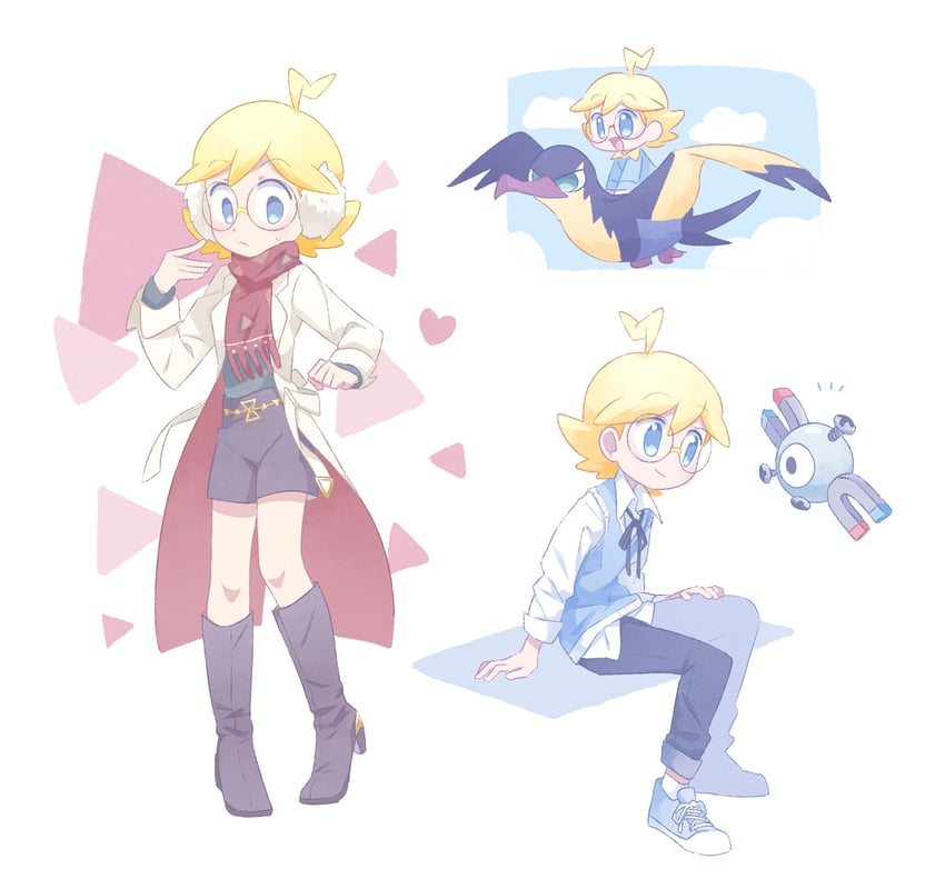 magnemite, clemont, kilowattrel, and elesa (pokemon and 2 more) drawn by akasaka_(qv92612)