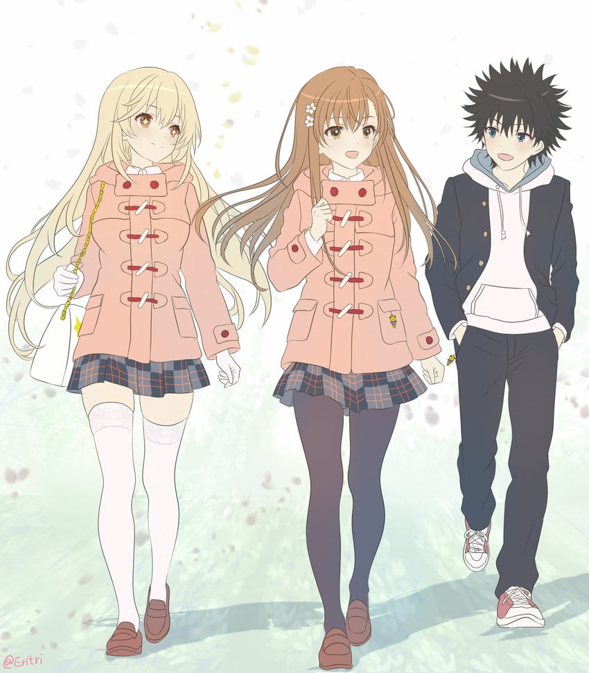 misaka mikoto, shokuhou misaki, and kamijou touma (toaru majutsu no index) drawn by eritri