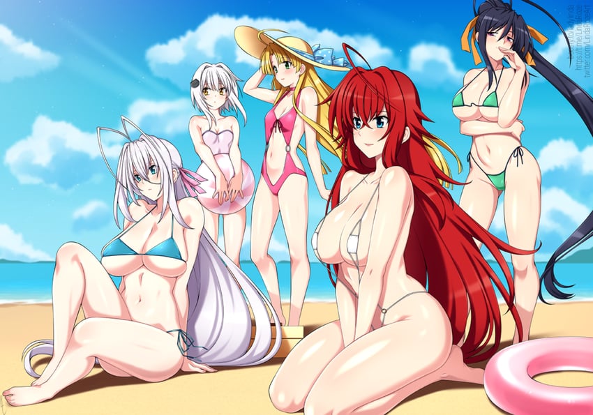 rias gremory, himejima akeno, rossweisse, toujou koneko, and asia argento (high school dxd) drawn by lindaroze