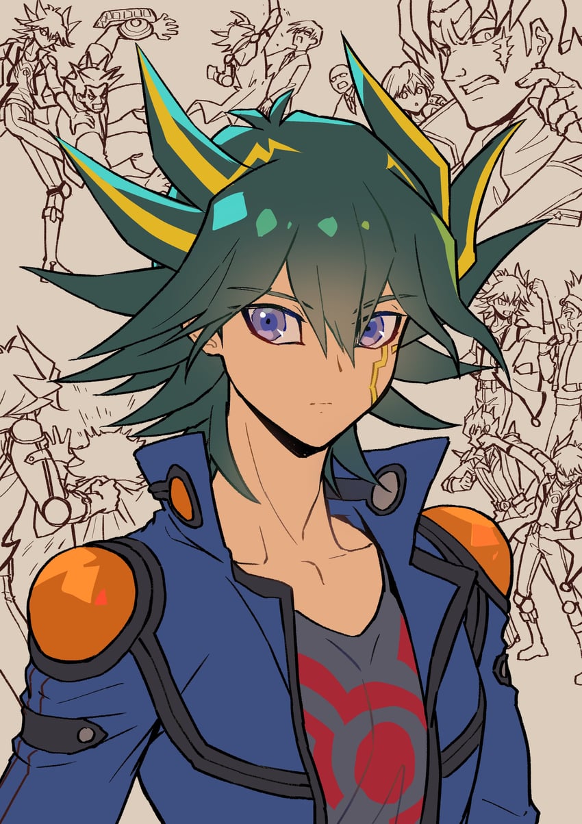 fudo yusei, jack atlas, crow hogan, sagiri mikage, ushio tetsu, and 2 more (yu-gi-oh! and 1 more) drawn by youko-shima