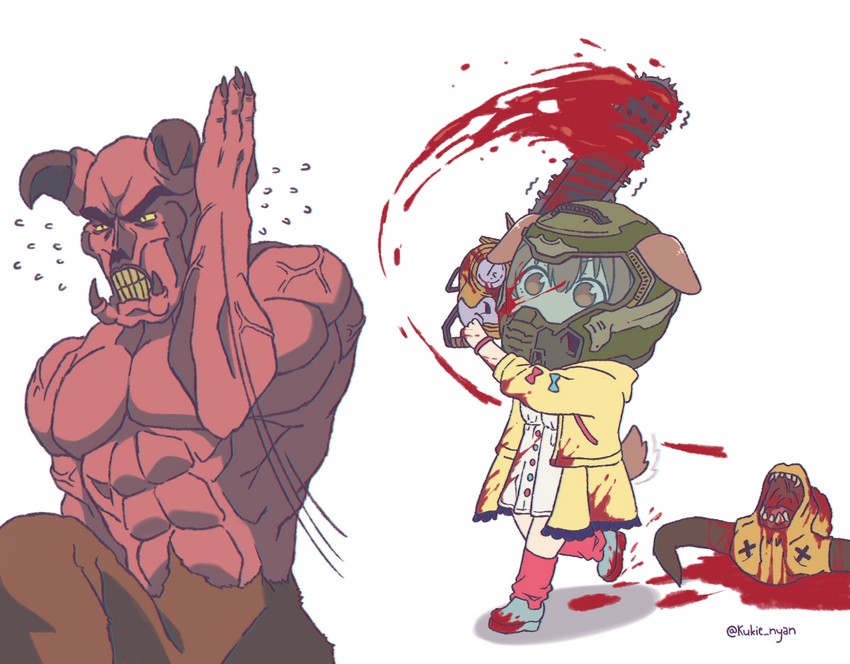 inugami korone, doomguy, baron of hell, and cyberdemon (hololive and 4 more) drawn by kukie-nyan